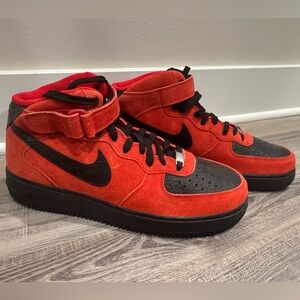 Nike Air Force One Vintage 07’ Black and Red Suede High-Top Sneakers. New